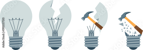 Breaking light bulb concept vector illustration showing destruction and impact stages, creative idea metaphor design with hammer smashing glass isolated on background