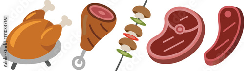 Cartoon meat and barbecue food vector set featuring roasted chicken, steak and kebab illustrations, colorful flat design collection isolated on light background for cooking themes