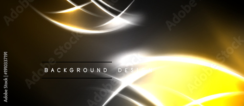 Abstract background features flowing golden lines, bright white streaks. Dark space surrounds luminous curves, creating dynamic visual effect.