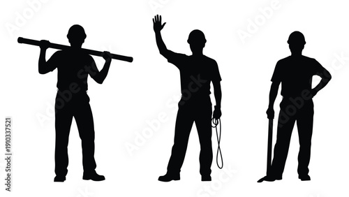 Three silhouettes of people engaged in different activities, one holding a baseball bat, another waving, and the third holding a cane. isolated on white background, Vector