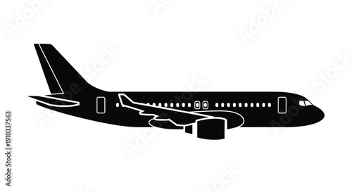 Simple black silhouette of a commercial passenger airplane in flight