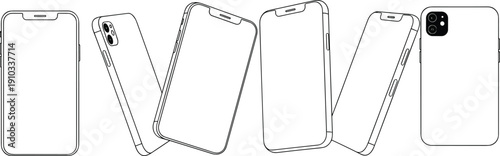 Flat vector illustration of modern smartphone design, front and back views, multiple angles, mobile device icons for technology concept visualization
