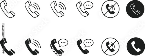 Flat vector illustration of phone icons, call symbols, ringing, blocked calls, voicemail, messaging, communication design for mobile app interface