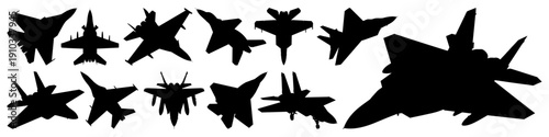 Military Fighter Jet and Combat Aircraft Silhouettes Set in Transparent Background