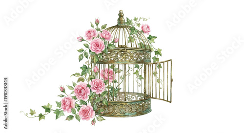 Watercolor clipart, vintage ornate brass birdcage with the door open, beautifully overgrown with climbing pink roses and green ivy, shabby chic wedding element, isolated on white background.