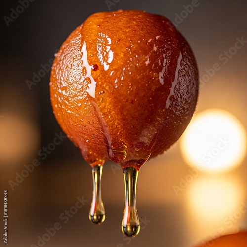 Delicious donut with caramel drizzle melting in warm lighting