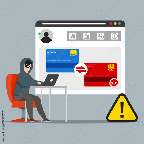 Credit card fraud and online banking hack concept showing hacker using laptop to stealing payment data.