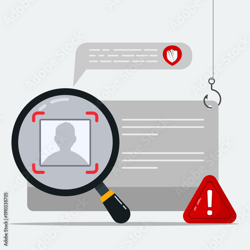Identity theft and phishing detection concept with profile scan, warning sign and hooked webpage, representing cybercrime, data breach and online security risk.