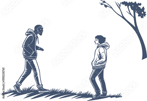 Two Teenagers Walking Outdoors Vector Illustration, Young People Meeting in Nature Line Art Design, Friends Talking Under Tree Minimal Style Drawing