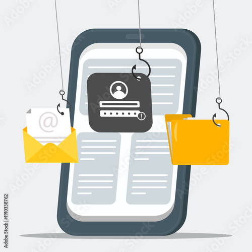 Phishing attack concept with login form, email and folder hooked on smartphone, representing credential theft, data breach, and online security risk.