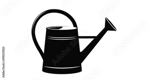 Simple black silhouette of a classic watering can on a white background