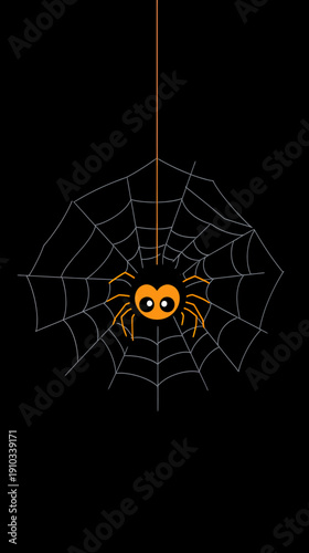 Cute orange spider hanging from web with big eyes on black background flat minimalist Halloween vector illustration design art