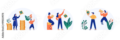 People investing money in stacks of coins and engaging with financial documents and cash in flat minimalist vector illustration set representing personal finance growth