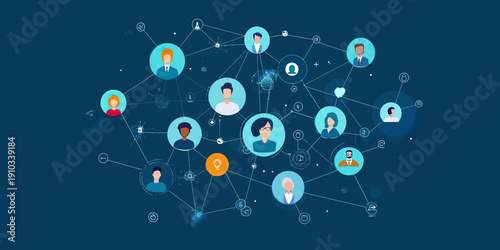 illustration of diverse business people connected in digital social network web with icons of communication technology and internet collaboration concept