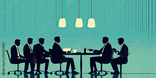 Group business people meeting in modern office discussing documents and collaborating around table in minimalist vector style illustration