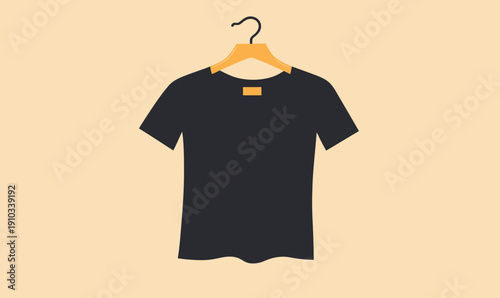 Black short sleeve t shirt on wooden hanger flat minimalist vector illustration isolated on beige background casual clothing apparel design for men and women