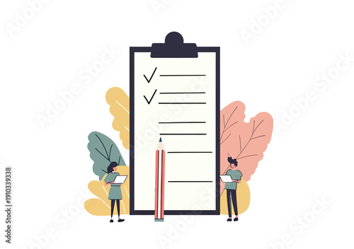 Checklist clipboard with two business people holding documents and large pencil completing tasks with check marks flat vector illustration