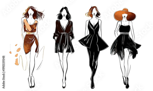 Fashion model silhouettes wearing elegant dresses and high heels walking runway with modern minimalist sketch style and flowing hair details in black and brown tones vector illustration
