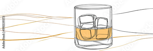 Minimalist continuous line drawing of whiskey glass with ice cubes and flowing liquid lines in flat vector style on white background