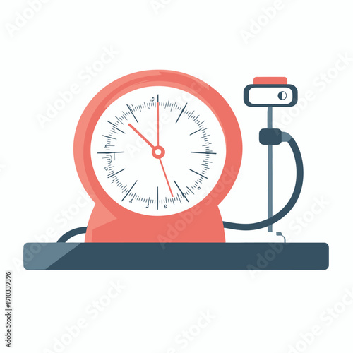 Flat minimalist vector illustration of mechanical blood pressure gauge and pump cuff for medical health monitoring equipment concept with red and gray color scheme on white background