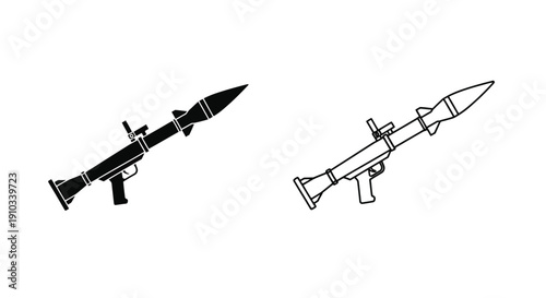Black and white line art illustration of two rocket launchers