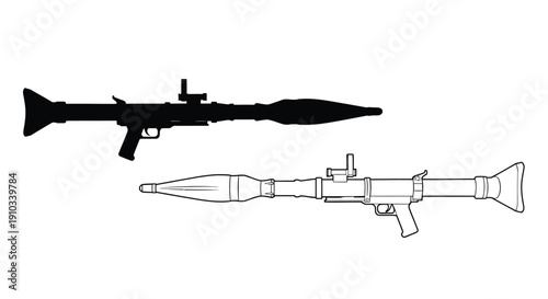 Line art depiction of a rocket propelled grenade launcher shown in two views