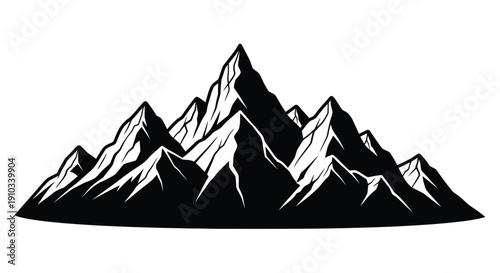 Dramatic monochrome illustration of jagged mountain peaks against a white backdrop