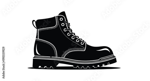 A black and white illustration of a single high top boot