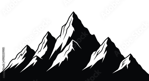 Stylized black and white illustration of jagged mountain peaks against a white background