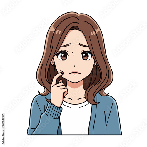 Worried Woman Touching Her Face with Finger.