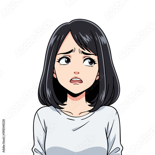 Worried young woman with dark hair and expressive eyes looking sideways.