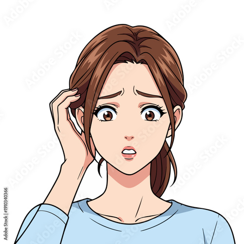 Young Woman Expressing Confusion and Worry with Hand on Head.