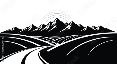 A winding road leads towards silhouetted mountains under a bright sun