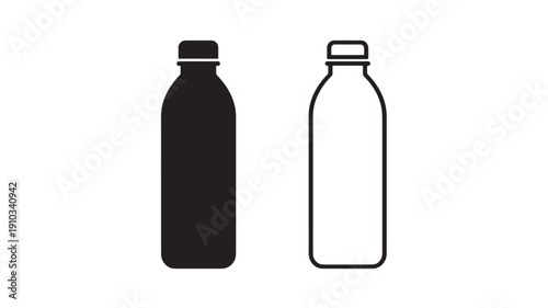 Minimalist black and white water bottle icons featuring a solid silhouette and clean line art outline for hydration and beverage packaging.