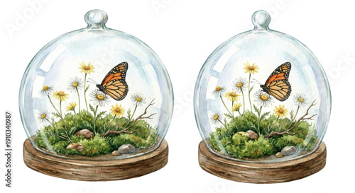 You said
Watercolor illustration, elegant glass cloche dome covering a tiny rustic garden scene with moss, wild daisies, and a resting monarch butterfly, botanical cottagecore