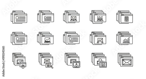 A professional collection of printer and document outline icons designed in a clean and consistent line style representing office equipment, document management, printing services, and workflow organi