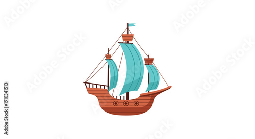 Classic wooden sailing ship with turquoise sails, evoking historical sea travel, ocean adventures, exploration, and maritime heritage.