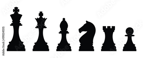 Set of Chess Vector Icons, silhouette chess piece icon pack illustrating king, queen, pawn, knight horse, and rook symbols, suitable for board game visuals, strategy concepts, tournament graphics