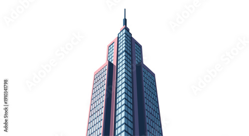 Majestic low-angle perspective of a towering modern skyscraper, reaching skyward with a sleek design and numerous windows.