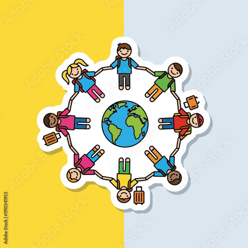 Diverse Group of Children Forming a Circle Around the World Globe, Symbolizing Global Unity, Friendship, and Educational Travel Adventures