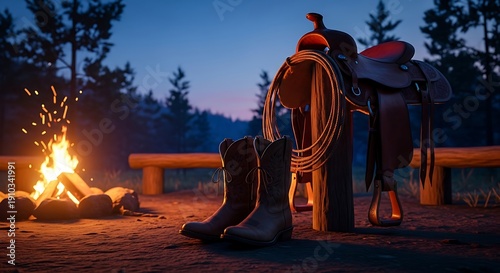 A campfire burns beside cowboy boots and saddle at dusk outdoors