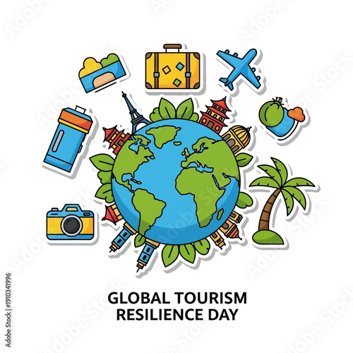 Colorful global tourism illustration showcasing Earth with famous landmarks and travel essentials, representing sustainable world exploration and resilient adventures