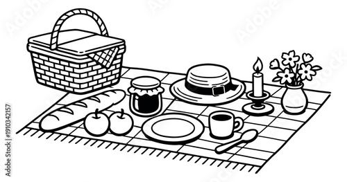 Line art picnic set featuring a basket, baguette, apples, jam, and flowers for an outdoor gathering