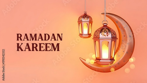 Modern 3D Ramadan Kareem Greeting Background with Elegant Rose Gold Hanging Lanterns, Glowing Crescent Moon, and Soft Bokeh Lights for Islamic Religious Celebrations and Social Media Posts