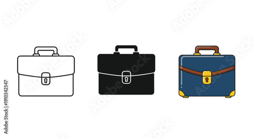Collection of three distinct briefcase icons illustrating outline solid silhouette and colored graphic design styles for business travel
