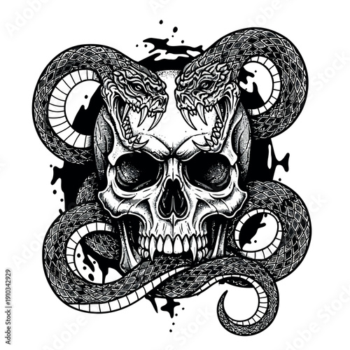 A striking black and white illustration featuring a skull entwined with two venomous snakes, symbolizing danger and mortality