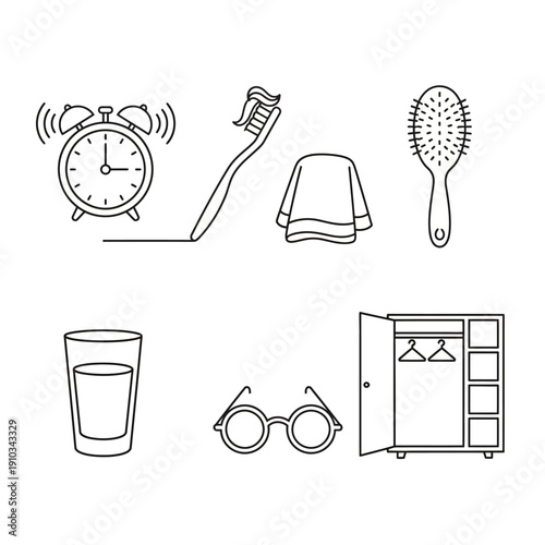 Line Art Icons of Morning Routine Essentials: Alarm Clock, Toothbrush, Towel, Hairbrush, Water Glass, Glasses, Wardrobe. Daily Habits Concept.