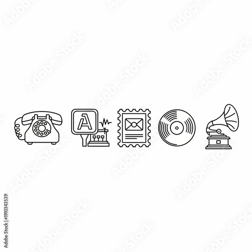 Vintage Communication and Entertainment Line Icons Set: Rotary Phone, Telegraph, Postage Stamp, Vinyl, Gramophone.