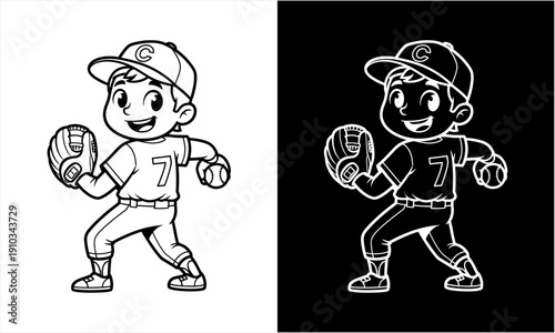 Young baseball player in uniform with glove and ball, ready to play.