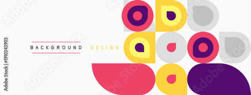 Abstract geometric shapes overlap, creating colorful background. Circles, ovals, semicircles dominate composition. Design feels modern, playful.